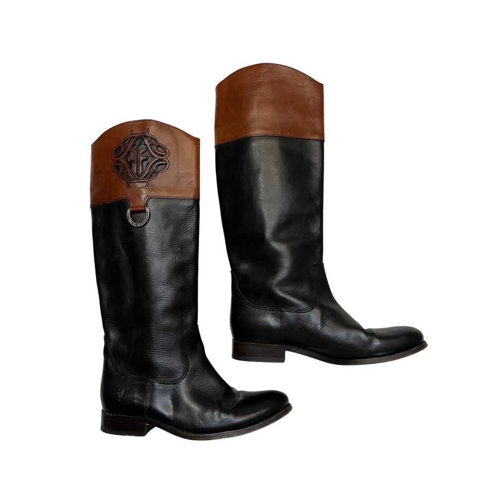 Frye Melissa Logo Tall Riding Boots Black Cognac Leather Two Tone Women's Size 8